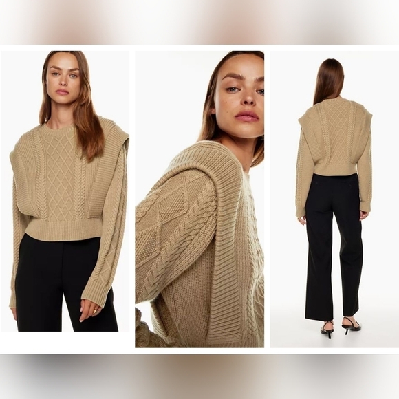 Aritzia Babaton Merino Wool Cable Knit Sweater Beige XS-S - Picture 1 of 7
